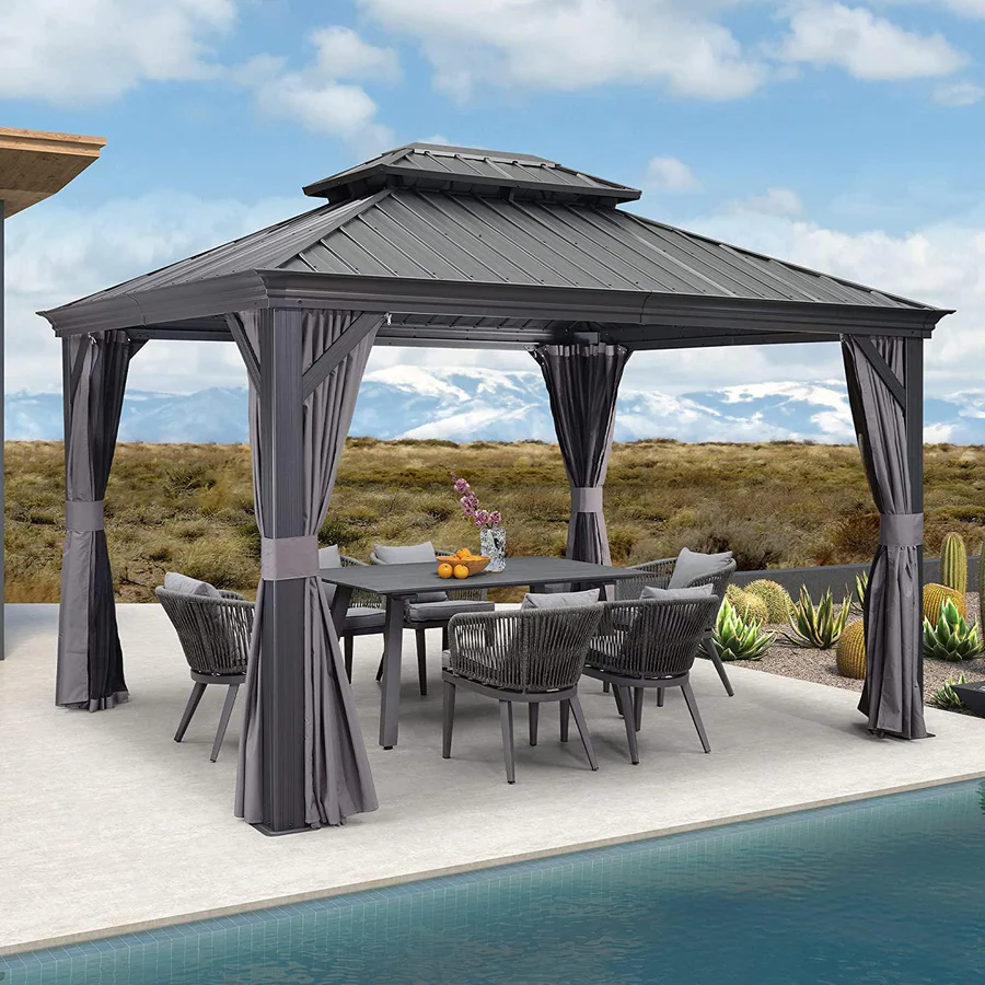 p46-i0.webp PURPLE LEAF 10X14 Patio Gazebo for Backyard Grey Hardtop Galvanized Steel Roof Awning with Upgrade Curtain - Image 1