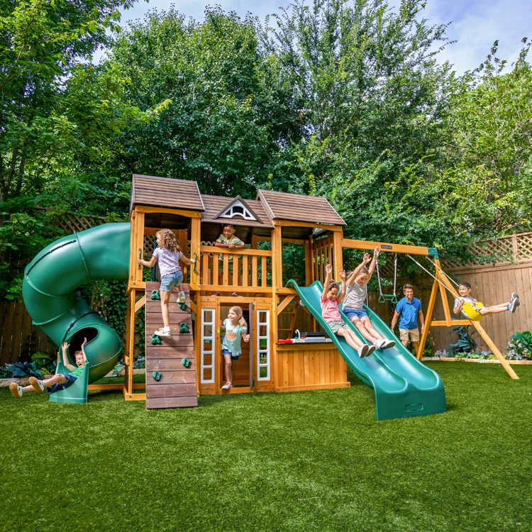 p51-i0.webp KidKraft Adventure Bend Two-Story Wood Swing Set with Clubhouse, Triple Slide, and Acrobar - Image 1