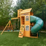 KidKraft Ridgemoor Perch Wood Swing Set with Playhouse, Rock Wall, and Tunnel Slide - Image 4