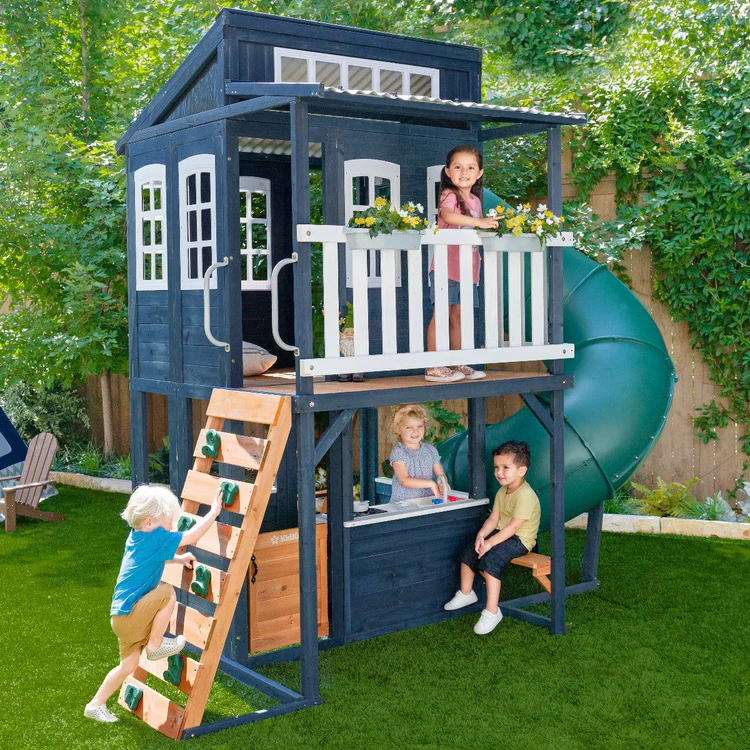 p54-i0.webp KidKraft Cozy Escape Navy Two-Story Wood Playhouse with Tube Slide and Clubhouse - Image 1