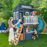 KidKraft Cozy Escape Navy Two-Story Wood Playhouse with Tube Slide and Clubhouse - Image 3