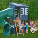 KidKraft Cozy Escape Navy Two-Story Wood Playhouse with Tube Slide and Clubhouse - Image 5