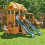 KidKraft Overland Heights Wood Swing Set with Monkey Bars, Double Wave Slide, and Play Kitchen