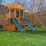 KidKraft Overland Heights Wood Swing Set with Monkey Bars, Double Wave Slide, and Play Kitchen - Image 3