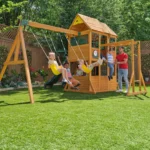 KidKraft Overland Heights Wood Swing Set with Monkey Bars, Double Wave Slide, and Play Kitchen - Image 4