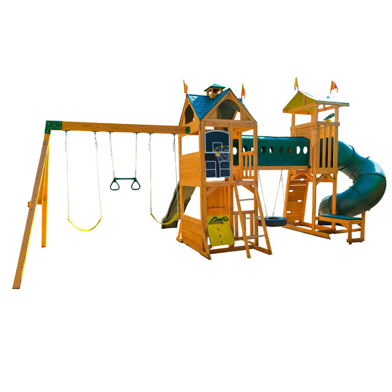 welt-product-23-image-1.png KidKraft Mockingbird View Wooden Swing Set / Playset with Tower, Hoop, Tunnel, and Tire Swing - Image 1