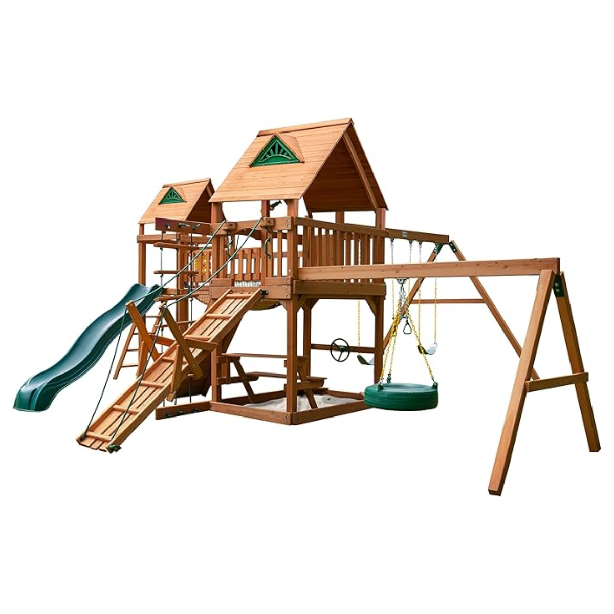 welt-product-25-image-1.png Gorilla Playsets Pioneer Peak Treehouse Wooden Swing Set with Tire Swing, and Clatter Bridge and Tower - Image 1