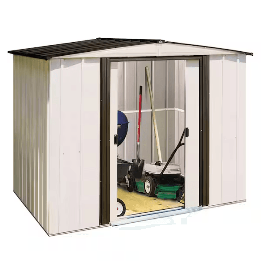 welt-product-258-image-1.png Newport 8 ft. W x 6 ft. D 2-Tone Eggshell and Coffee Galvanized Metal Shed with Sliding Lockable Doors (43 sq. ft.) - Image 1