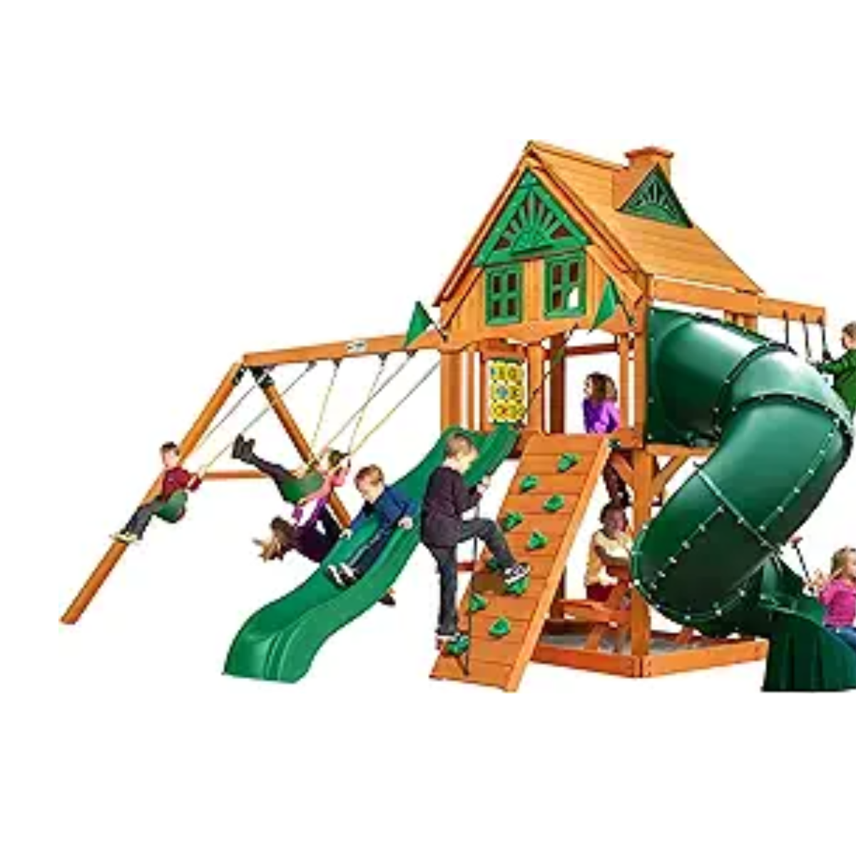 welt-product-26-image-1.png Gorilla Playsets Mountaineer Treehouse Wooden Swing Set with Tube Slide, Rope Ladder, and Sandbox - Image 1