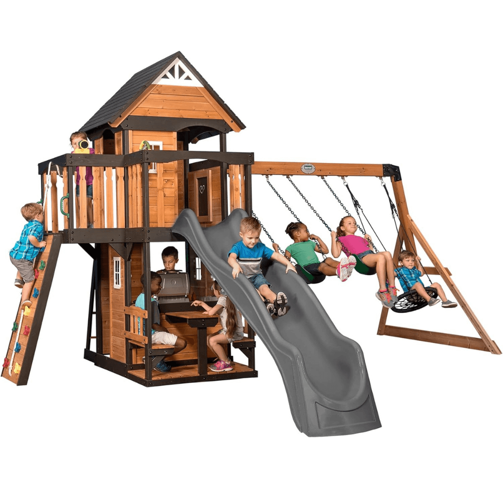 welt-product-70-image-1.png Canyon Creek All Cedar Swing Set Playset w/ Rockwall Upper Fort Belt Swings Web Swing Gray Wave Slide, and Play Kitchen - Image 1