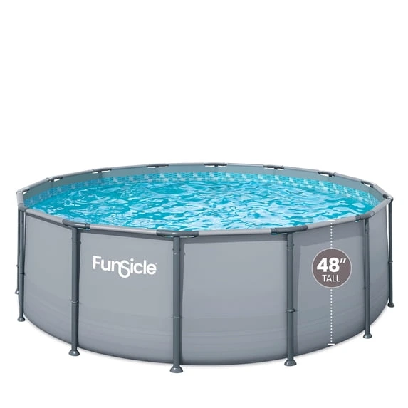Funsicle Oasis Above Ground Metal Frame Swimming Pool Set – with FB1200S AutoSkimmer Pump, Ladder, Cover, Cloth & Deluxe Maint. Kit, 14′ x 48″, Round, Gray